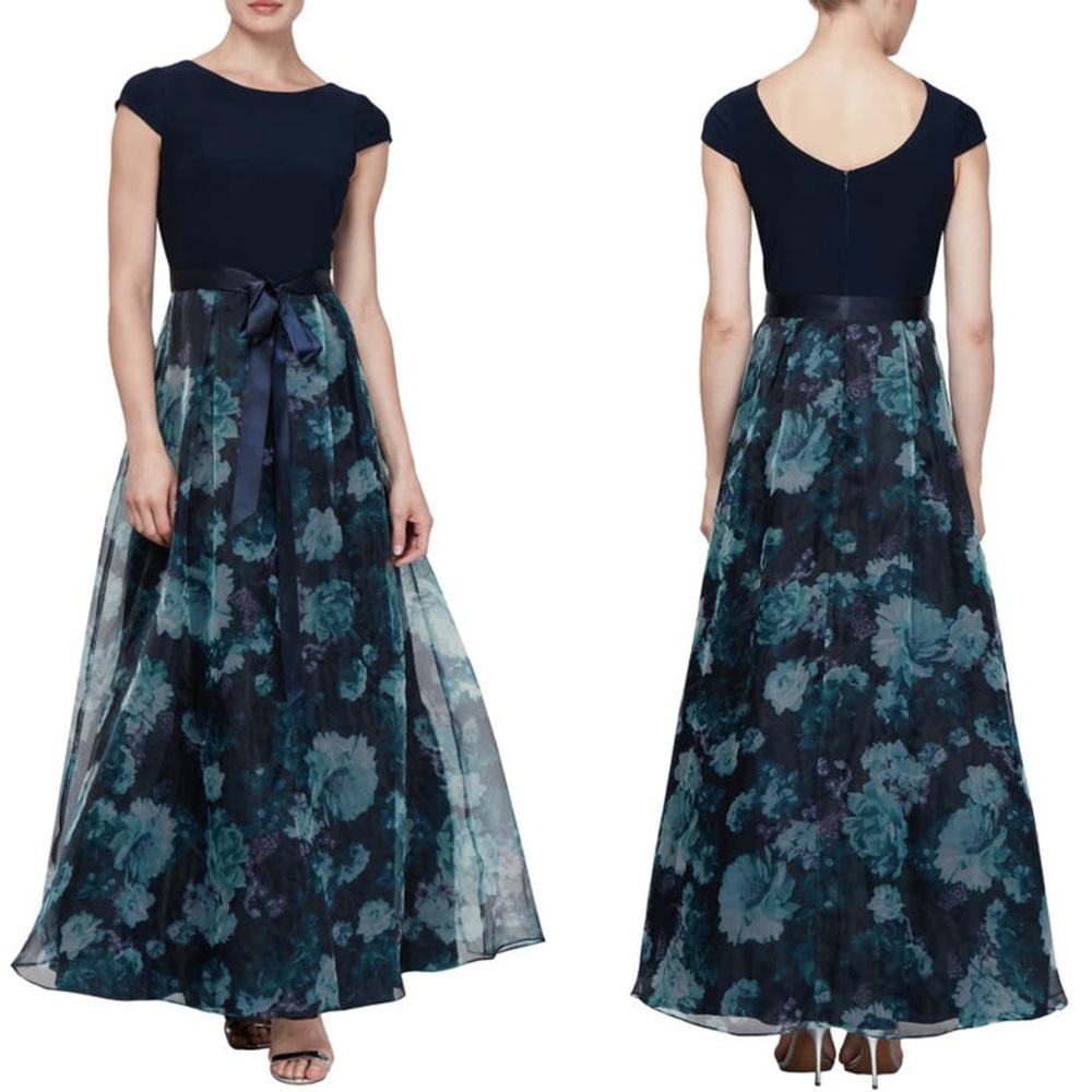 SLNY Navy Top Floral Maxi Dress with Teal and Green Print